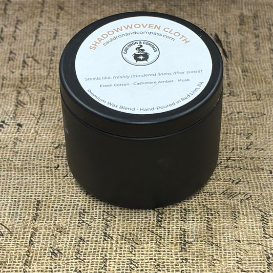 Shadowwoven Cloth – 4 oz Candle | Fresh Cotton, Cashmere Amber & Musk |  Black Tin | Wood Wick