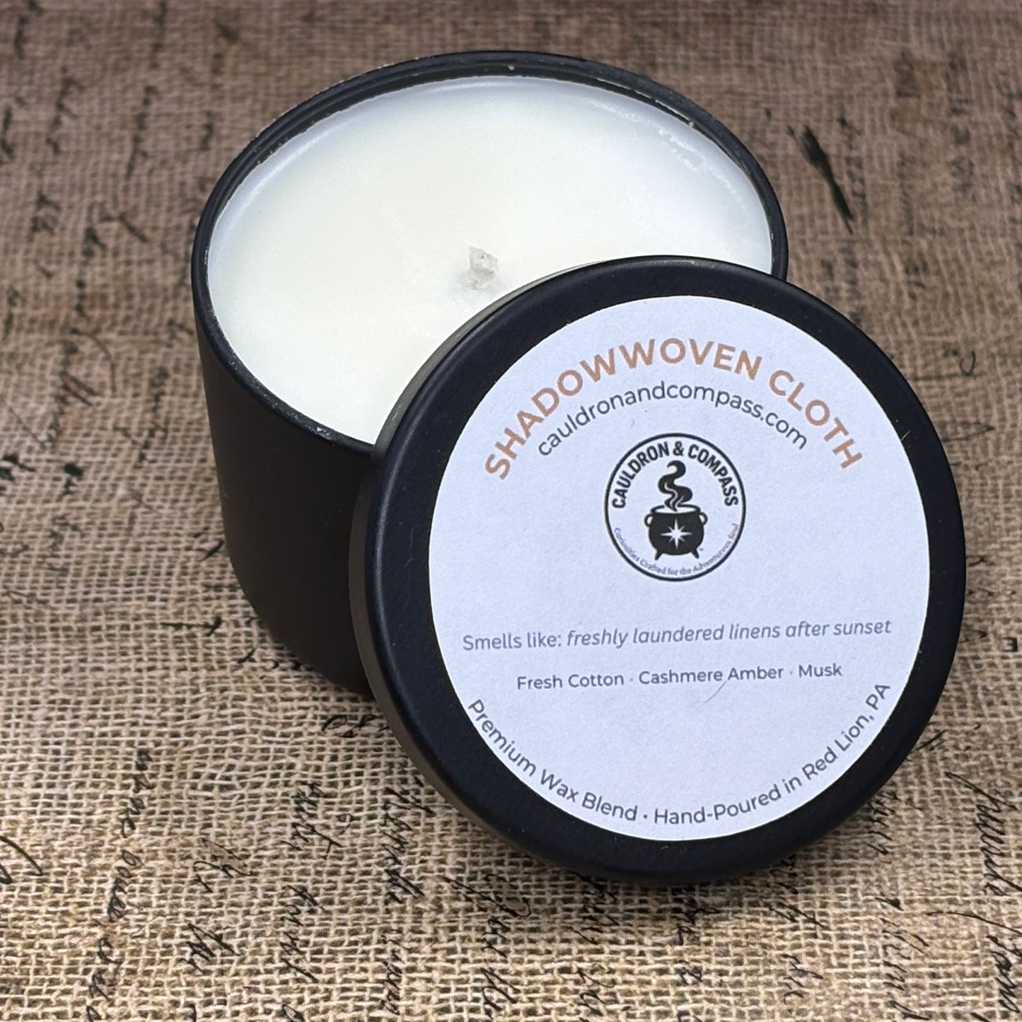 Shadowwoven Cloth – 4 oz Candle | Fresh Cotton, Cashmere Amber & Musk |  Black Tin | Wood Wick